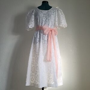 Vintage White Lace Over Acetate Lining Fairy Cottagecore  Princess Prom Gown #7